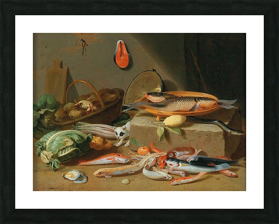 A kitchen still life with fish. Vegetables and a cat by Pseudo Jan van Kessel II Picture Frame print