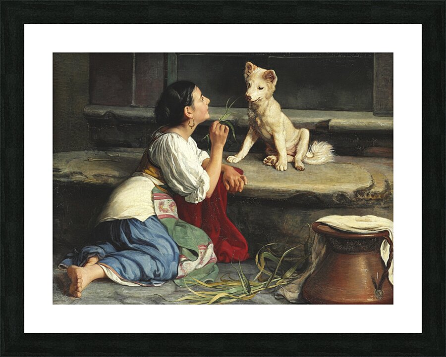 Ung Italienerinde. Der leger med en Hund [1872] by Axel Helsted [1847–1907] Picture Frame print