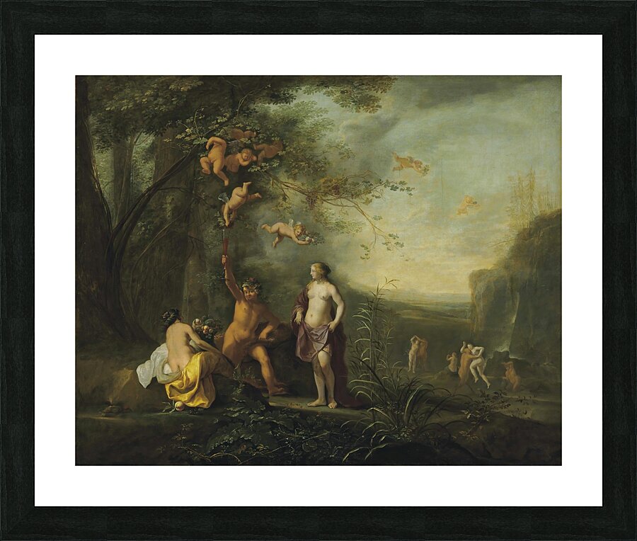 Bacchus. Venus and Ceres under a grapevine in a pastoral landscape with putti. Nymphs and satyrs [1640] by Cornelis Van Poelenburch [1594–95–1667] Picture Frame print