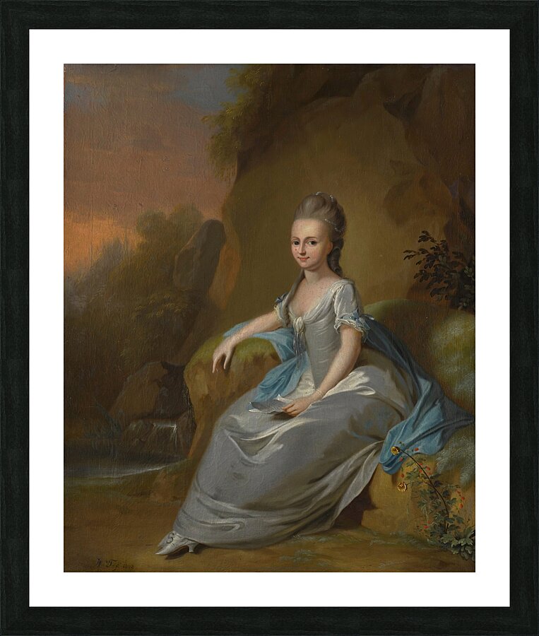 Portrait of elisabeth von breitenbach. Wearing a blue dress. Seated in a landscape [1802] by Anton Wilhelm Tischbein [1730–1804] Picture Frame print