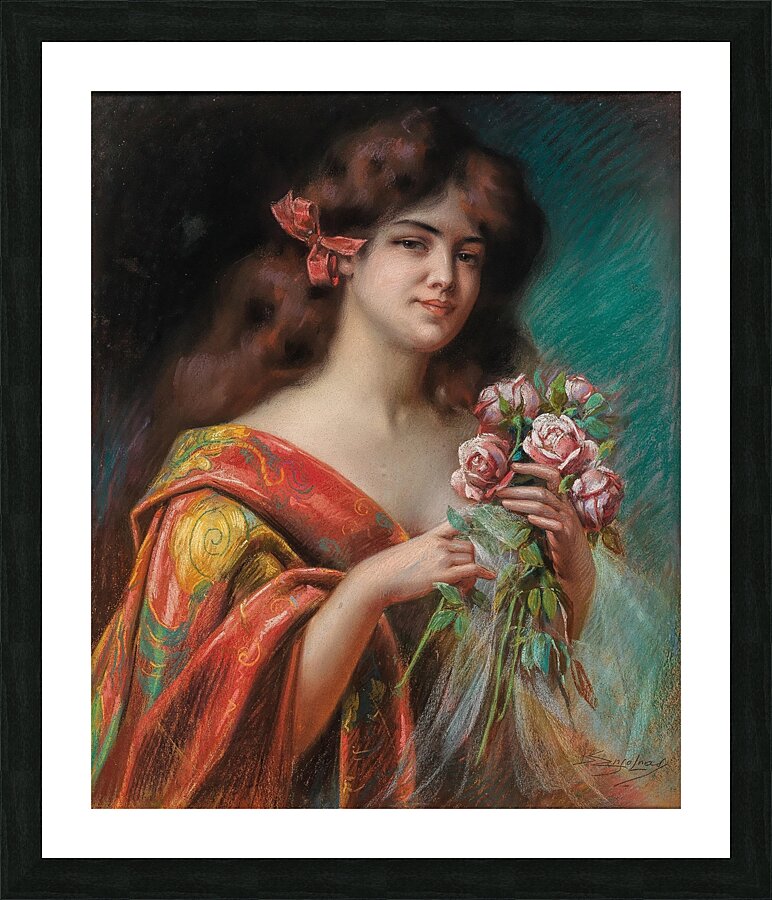 Portrait of a Lady in a Negligee. Holding Roses by Delphin Enjolras [1857–1945] Picture Frame print