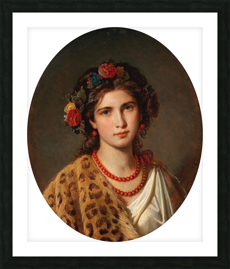 Portrait of a Girl with Wreath of Roses in her Hair and Leopard Skin by Eugen Felix [1837–1906] Picture Frame print