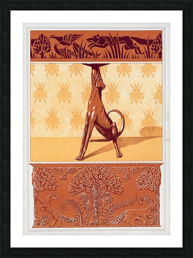 Faisans et renard. Frise cuivre découpé. Chien. Chandelier. Abeilles. Semis. Renards. écureuils et oiseaux. Jardiniere cuivre repoussé [1897] by Maurice Pillard Verneuil [1869–1942] Picture Frame print