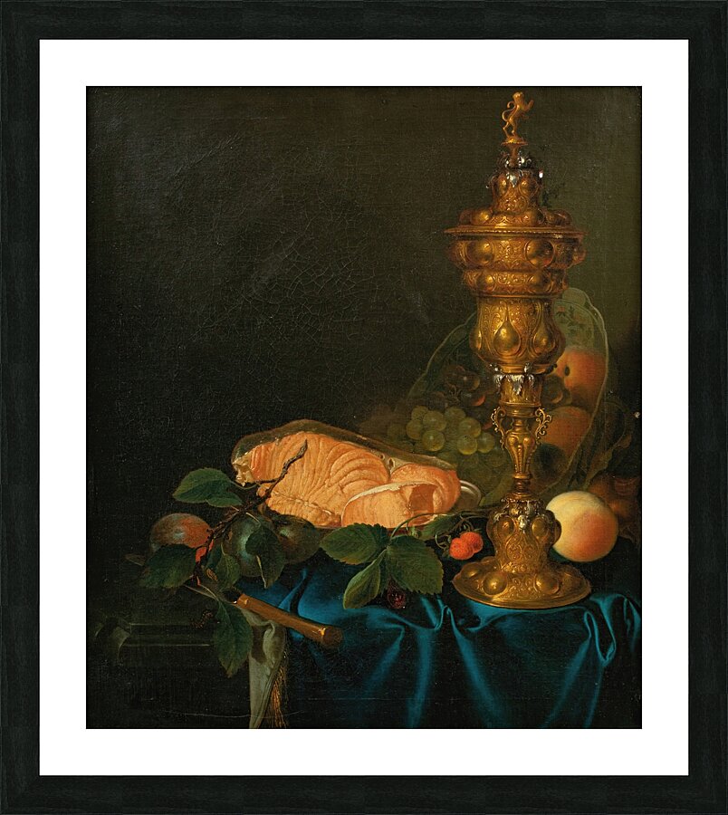 Still life with a cup. A salmon and fruits [1755] by Justus Juncker [1703–1767] Picture Frame print