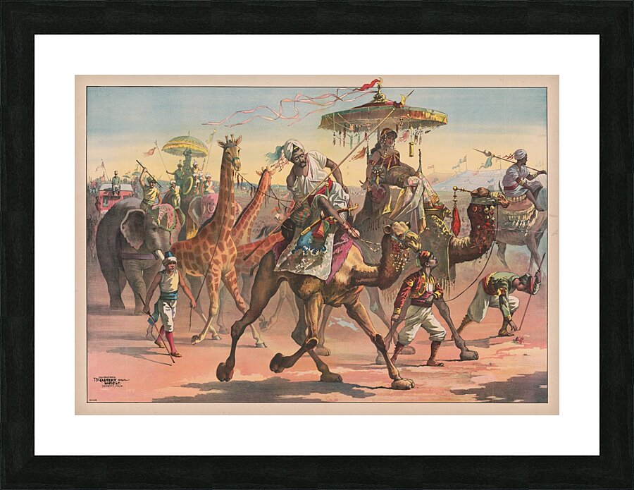 Circus troupe with people in exotic dress riding camels. Giraffes. Elephants [1890] by Calvert Litho. Co [1863–] Picture Frame print
