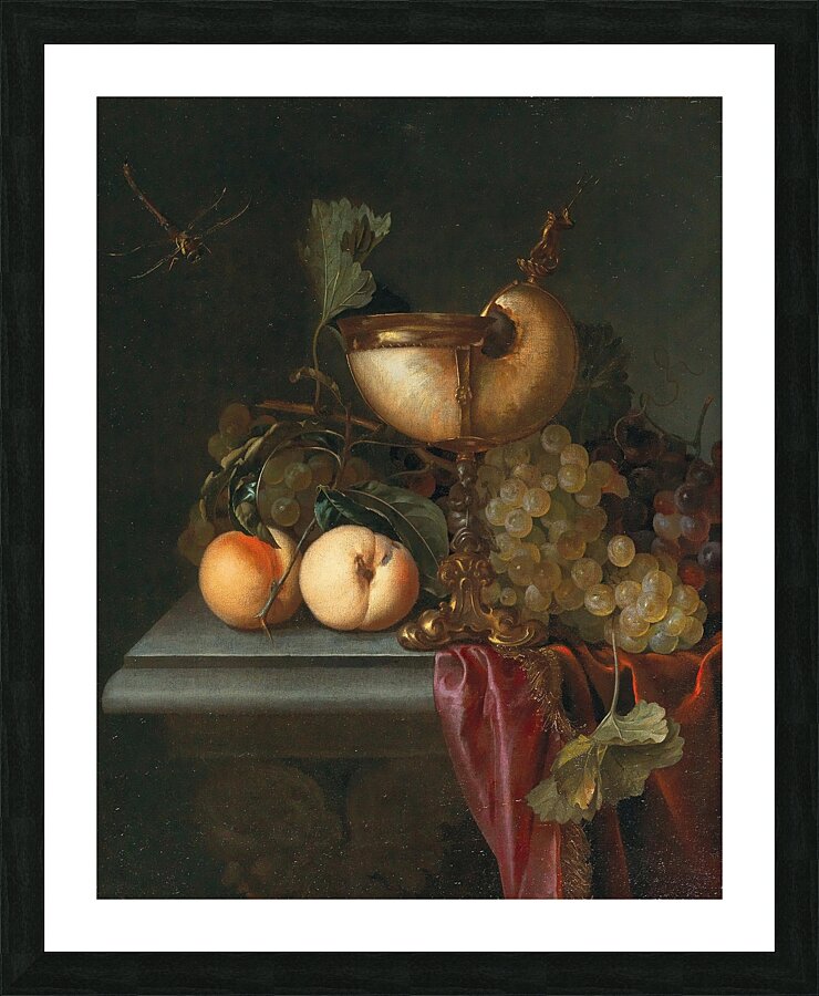 Still life with a Nautilus cup. Grapes and peaches by Abraham de Lust [active c. 1650–after 1659] Picture Frame print