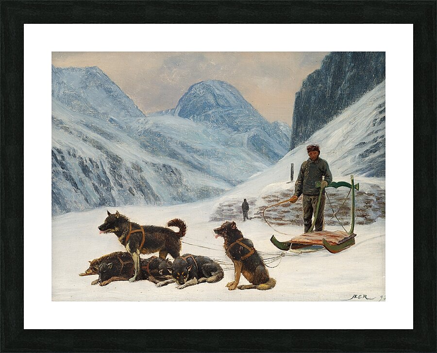 En grønlænder holder hvil ved sin hundeslæde [1893] by Carl Rasmussen [1841–1893] Picture Frame print