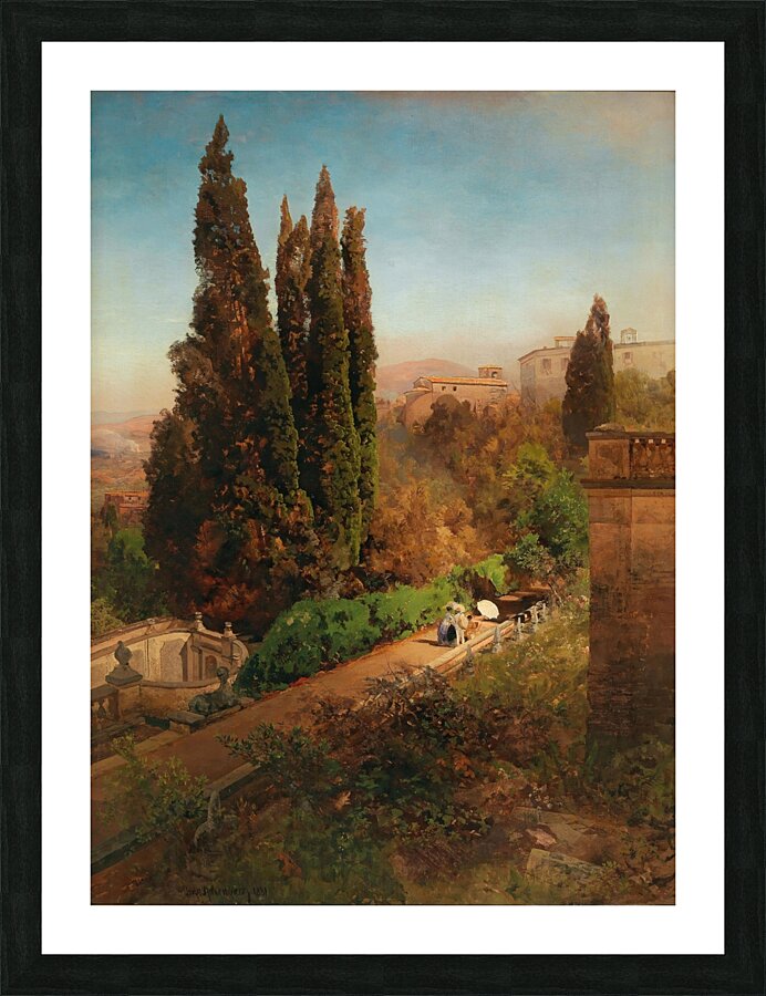 A view of the garden of Villa d’Este in Tivoli. Near Rome by Oswald Achenbach [1827–1905] Picture Frame print