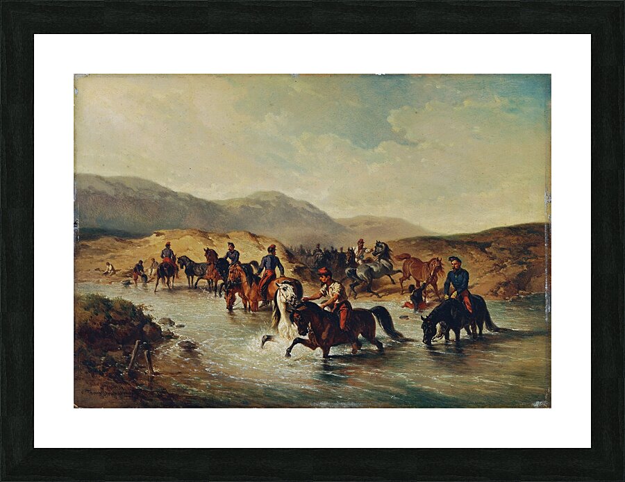 Französische Kavallerie in der Pferdeschwemme [1867] by Joseph Anton Strassgschwandtner [1826–1881] Picture Frame print