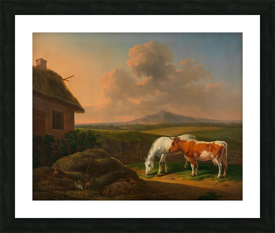Pferd und Kuh im Wirtschaftshof [1832] by Alexander Johann Dallinger von Dalling [1783–1844] Picture Frame print