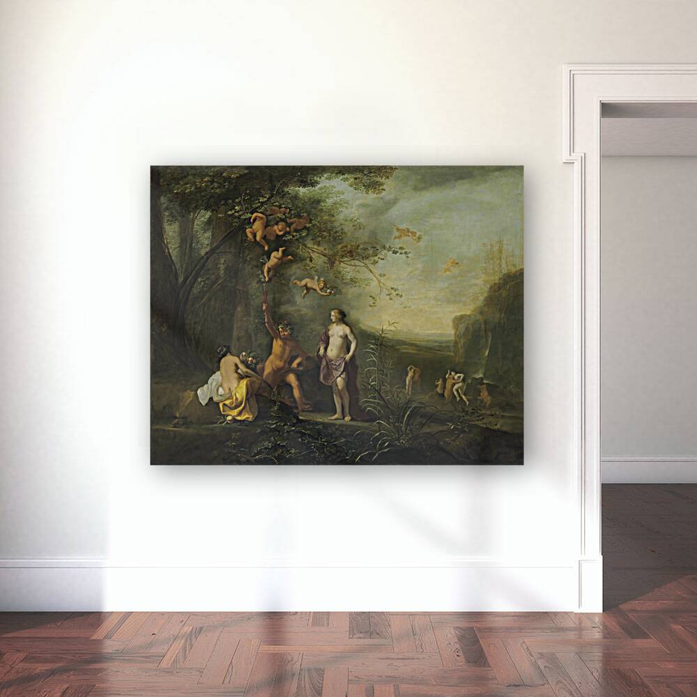 Bacchus. Venus and Ceres under a grapevine in a pastoral landscape with putti. Nymphs and satyrs [1640] by Cornelis Van Poelenburch [1594–95–1667] Reproduction