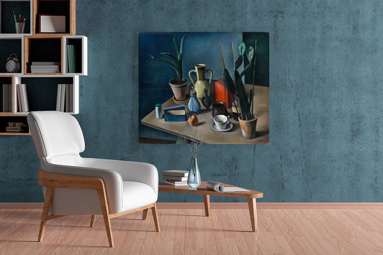 Grosses Stilleben mit Krügen und roter Teedose [1922] by Alexander Kanoldt [1881–1939] Reproduction