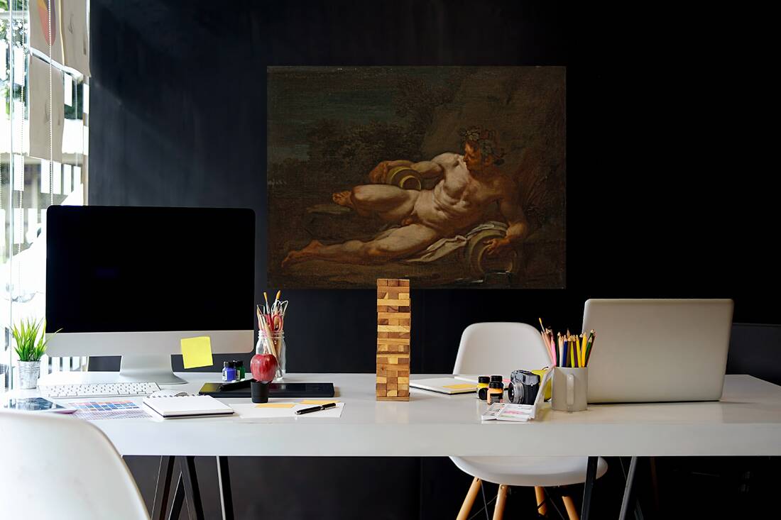 A river god reclining in a landscape by Follower of Nicolas Poussin [1594–1665] Reproduction