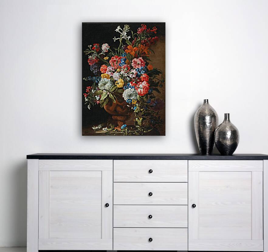 Carnations. Lillies. Nigellas and other flowers in a decorative terracotta vase on a stone ledge by Abraham Brueghel [1631–1697] Reproduction