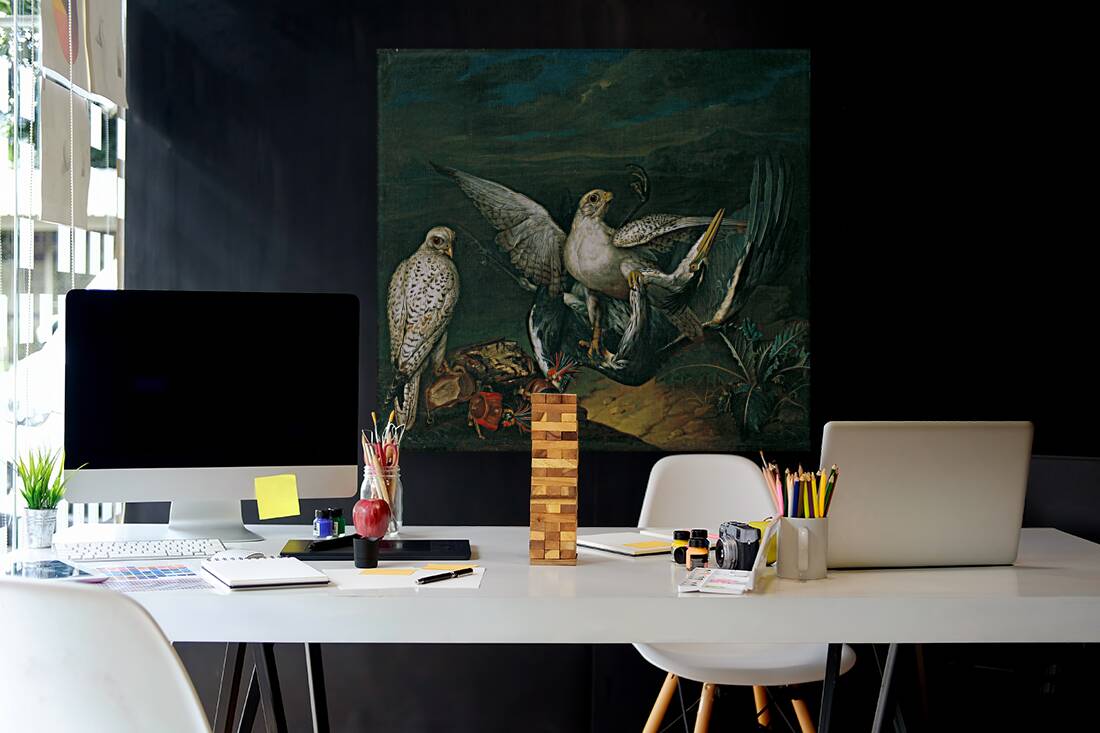 Weiße Jagdfalken Mit Einem Fischreiher [1748] by Philipp Ferdinand de Hamilton [ca. 1664–1750] Reproduction