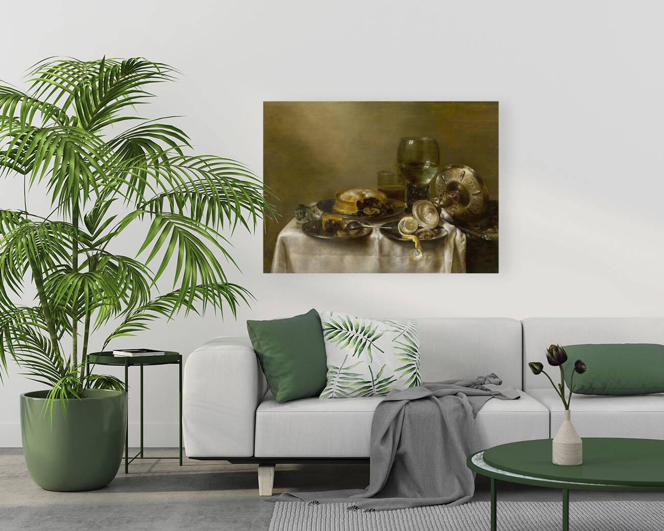 A still life with an overturned silver tazza. Glassware. Pies and a peeled lemon on a table [1633] by Willem Claesz Heda [1594–1680] Reproduction