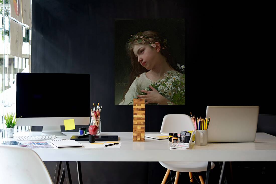 Girl with a bouquet of daisies [1897] by Jules–Cyrille Cavé [1859–1940] Reproduction