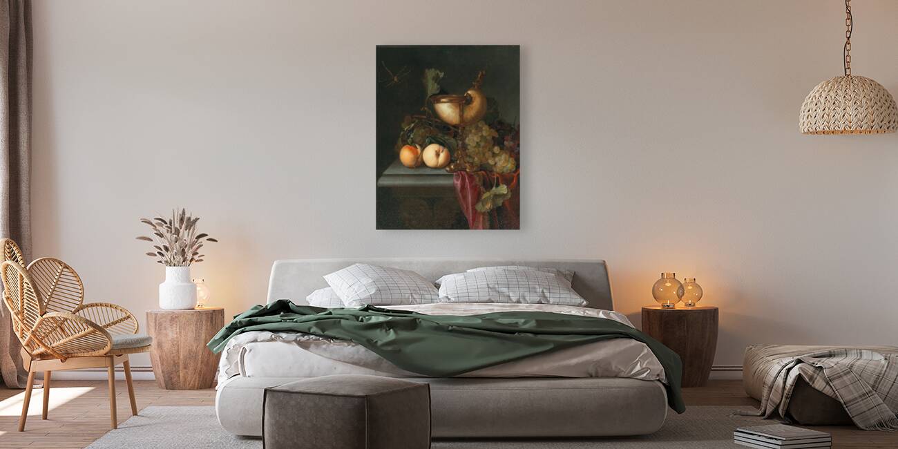 Still life with a Nautilus cup. Grapes and peaches by Abraham de Lust [active c. 1650–after 1659] Reproduction