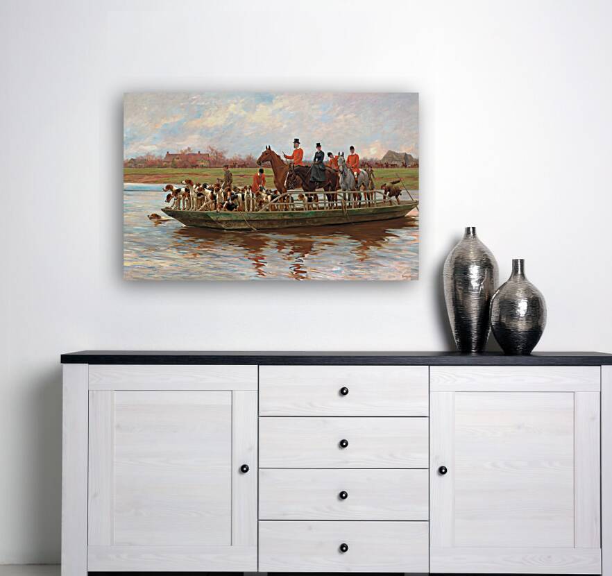 Mr. Edward Lycett Green and the York and Ainsty Hounds on the Ferry at Newby [1898] by Thomas Blinks [1853–1912] Reproduction