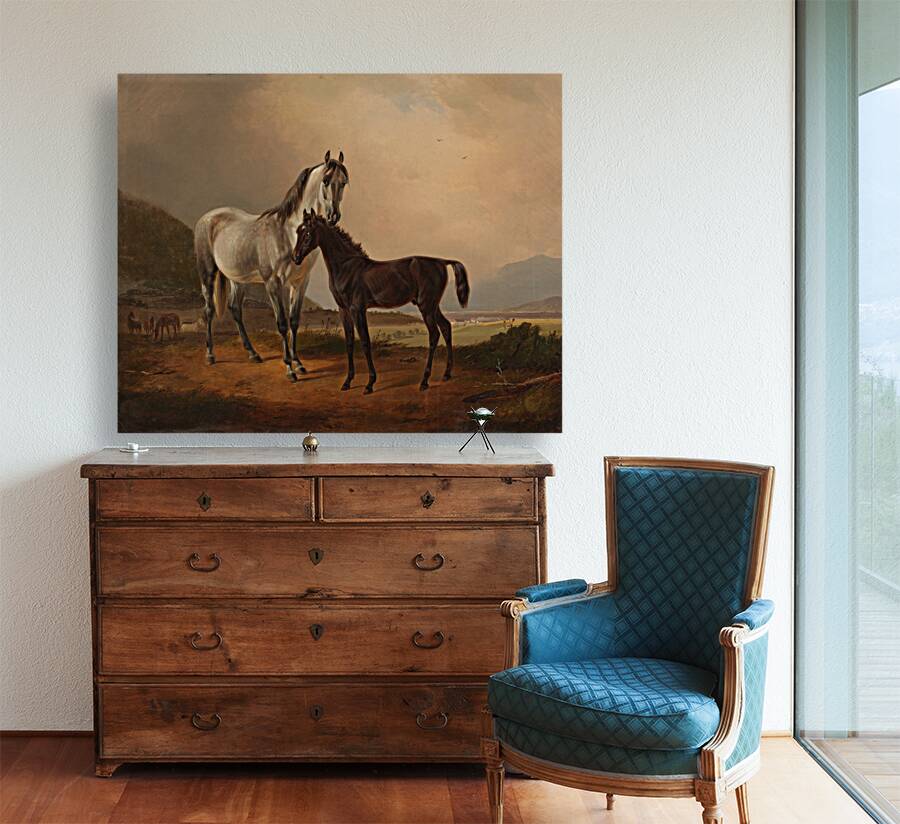 Stute mit Fohlen vor weiter Hügellandschaft [1845] by Friedrich Voltz [1817–1886] Reproduction