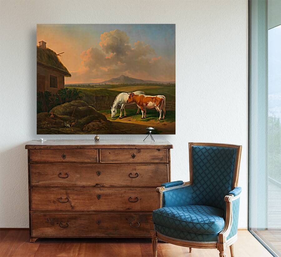 Pferd und Kuh im Wirtschaftshof [1832] by Alexander Johann Dallinger von Dalling [1783–1844] Reproduction