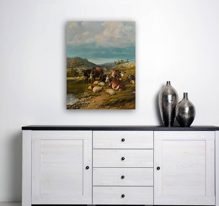 Cattle and Sheep at a Watering Place by Thomas Sidney Cooper [1803–1902] Reproduction