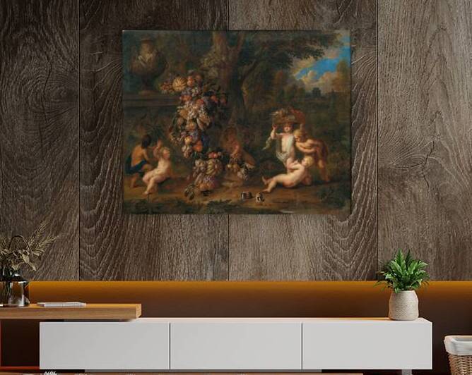 Landscape with six putti playing with a garland of fruit and two guinea pigs in the foreground by Jan Pauwel Gillemans the Younger [1651–1704] by MyCozyFineArt