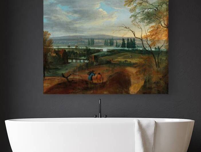 An extensive hilly landscape with a river by Adriaen van Stalbemt [1580–1622] by MyCozyFineArt