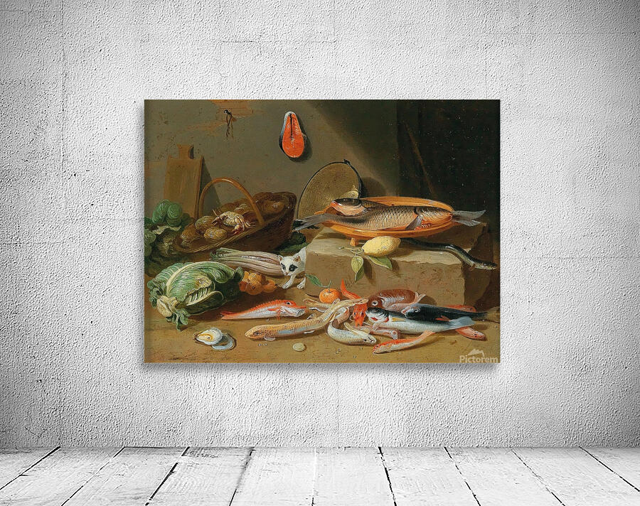 A kitchen still life with fish. Vegetables and a cat by Pseudo Jan van Kessel II Wall Preview