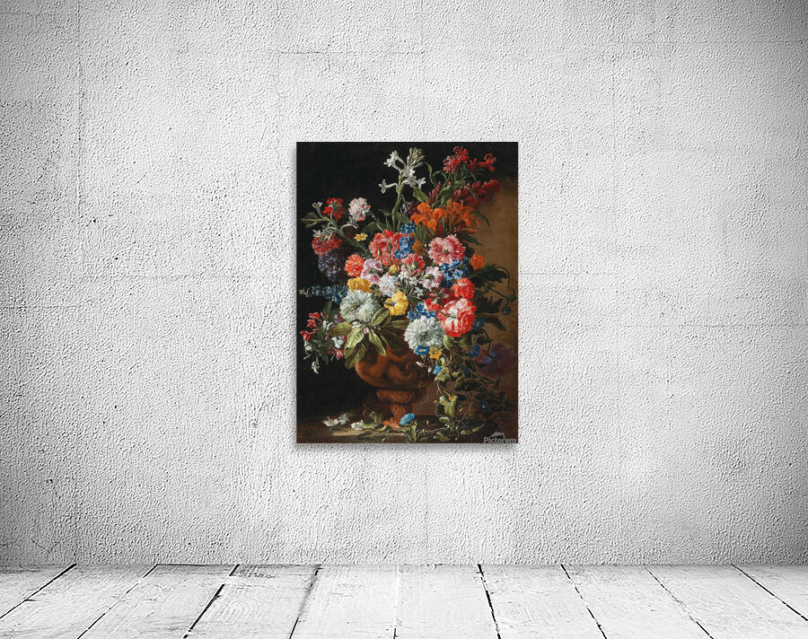 Carnations. Lillies. Nigellas and other flowers in a decorative terracotta vase on a stone ledge by Abraham Brueghel [1631–1697] Wall Preview