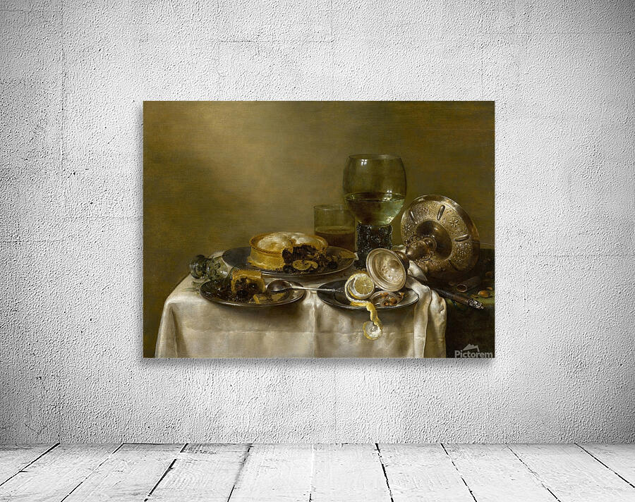 A still life with an overturned silver tazza. Glassware. Pies and a peeled lemon on a table [1633] by Willem Claesz Heda [1594–1680] Wall Preview