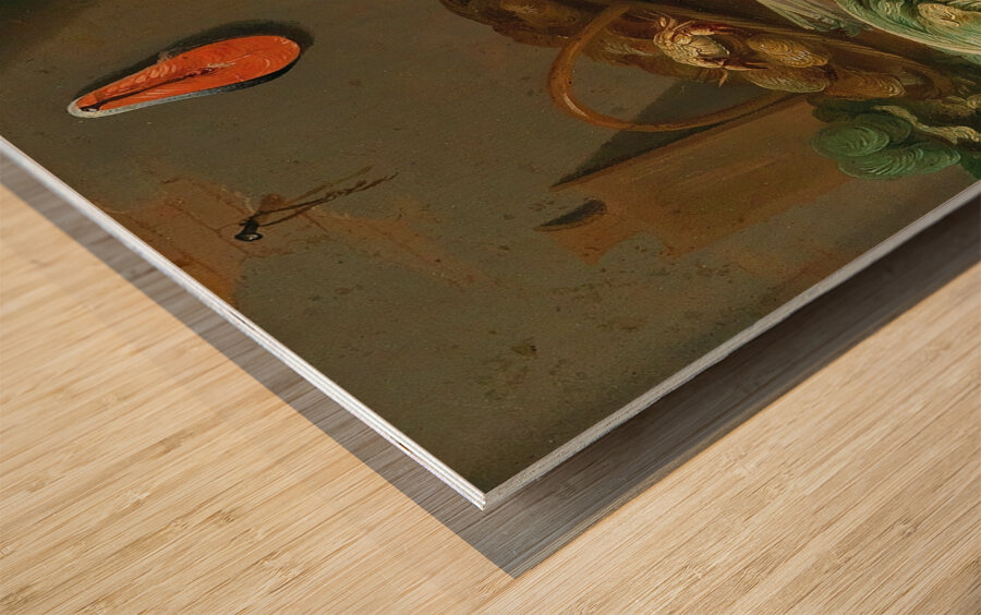 A kitchen still life with fish. Vegetables and a cat by Pseudo Jan van Kessel II Wood print