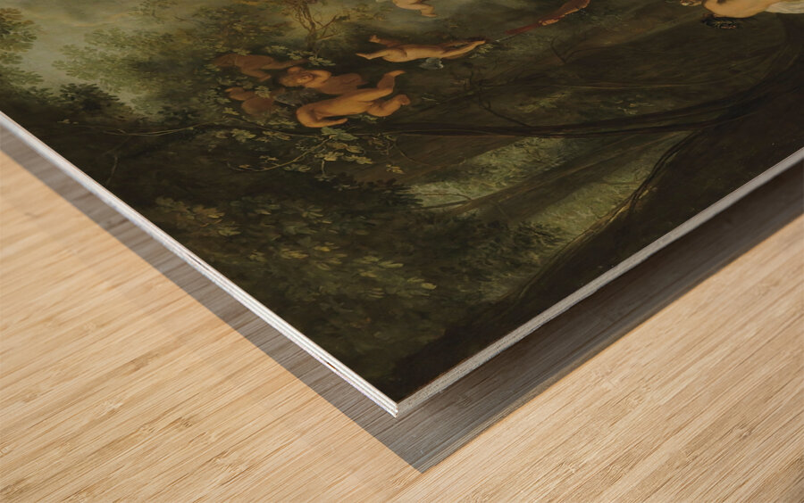 Bacchus. Venus and Ceres under a grapevine in a pastoral landscape with putti. Nymphs and satyrs [1640] by Cornelis Van Poelenburch [1594–95–1667] Wood print