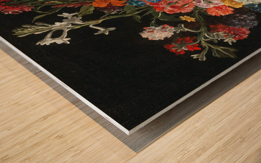 Carnations. Lillies. Nigellas and other flowers in a decorative terracotta vase on a stone ledge by Abraham Brueghel [1631–1697] Wood print