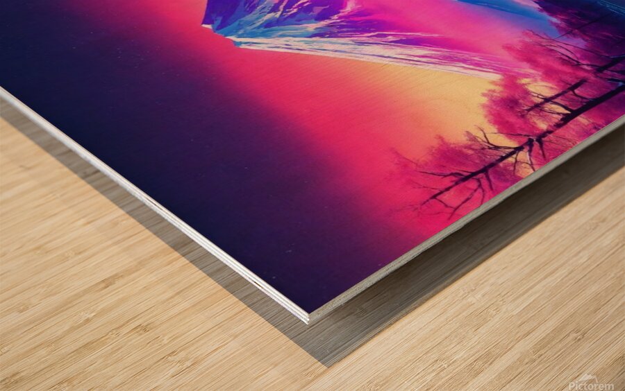 synthwave style snowy fuji yama future Wood print