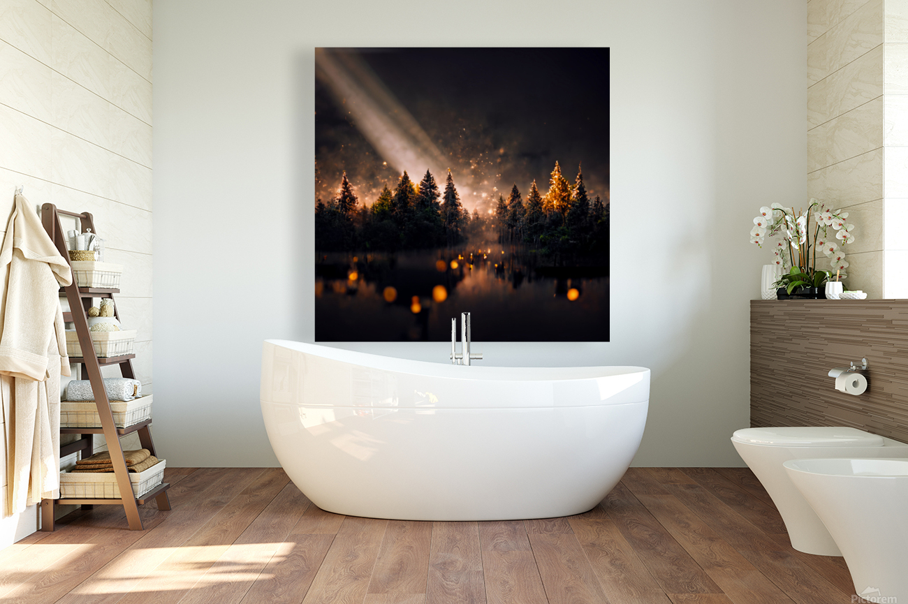 River Pine Trees At Night Reproduction