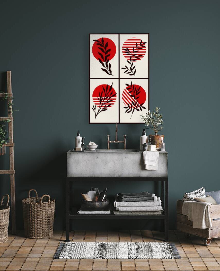 Japandi Botanical Art   Minimalist Red and Black Leaf Design Col by Une Affaire de Filles