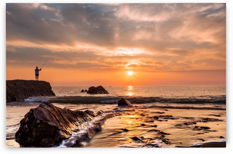Widemouth bay sunset with lone fisherman by maggie mccall
