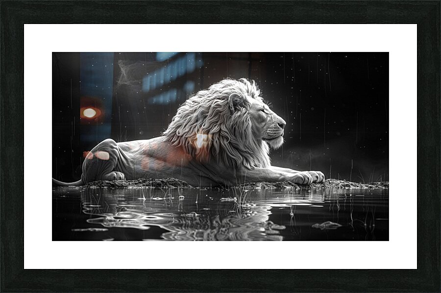 Majestic repose a lion in monochrome reflection Picture Frame print
