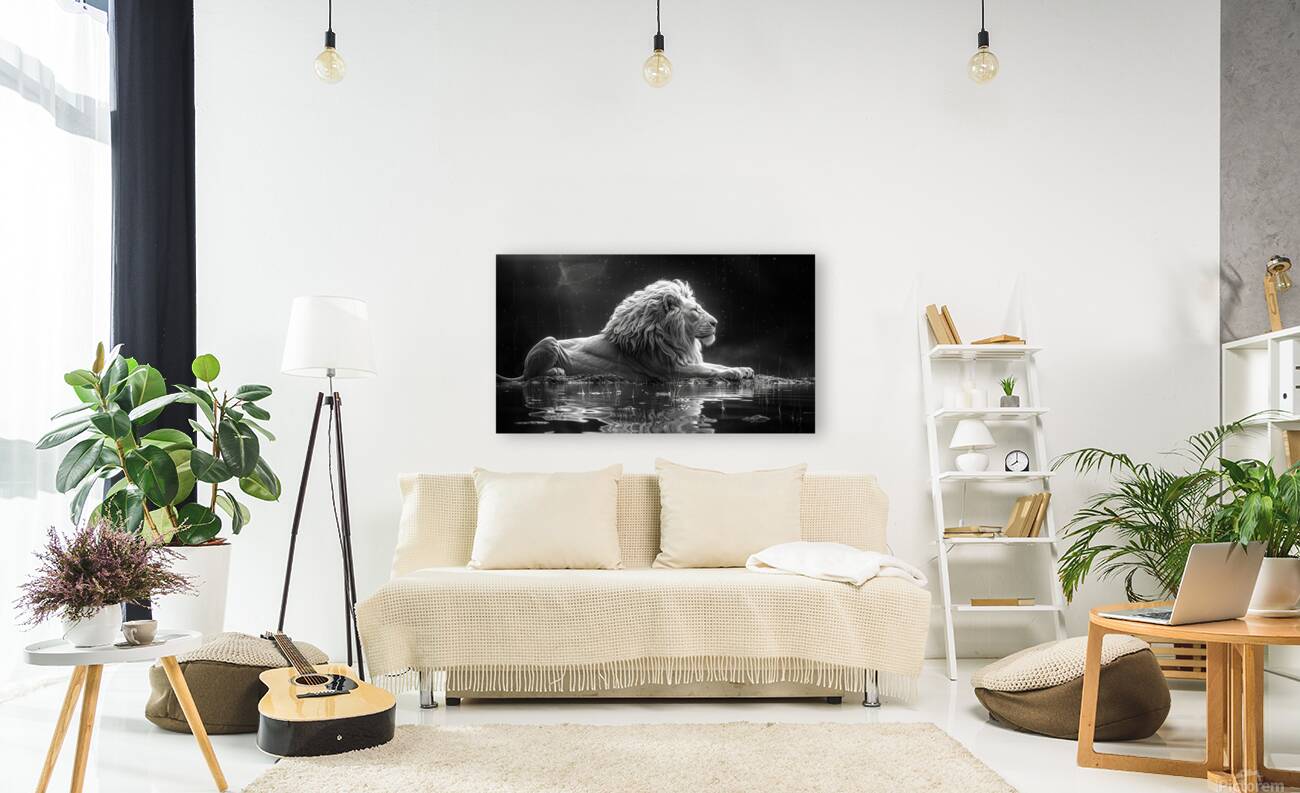 Majestic repose a lion in monochrome reflection Reproduction