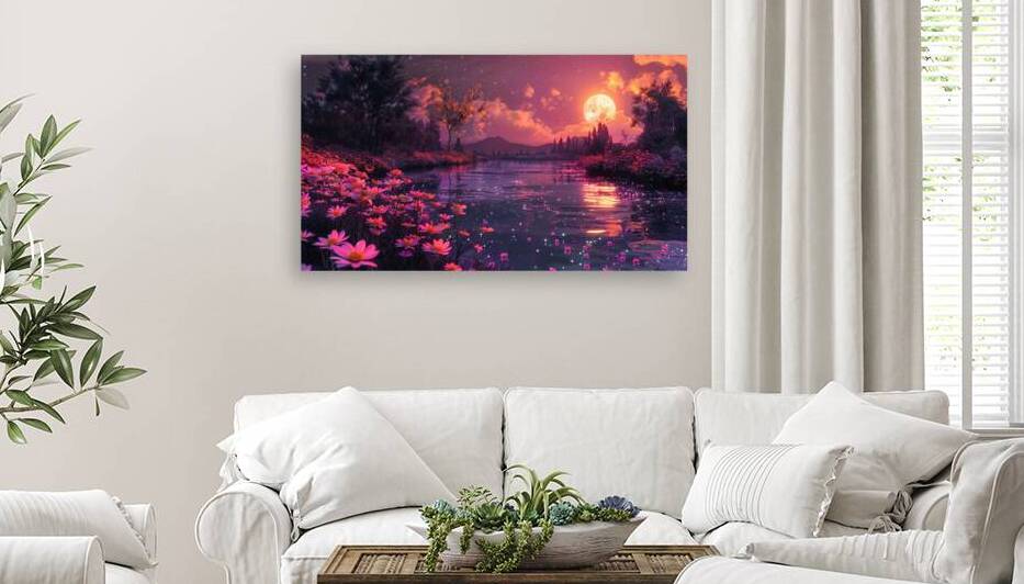 A Surreal Landscape with a River of Flowers under a Full Moon by Digiart