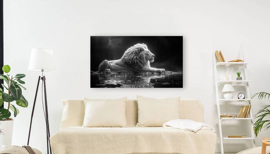 Majestic repose a lion in monochrome reflection by Digiart