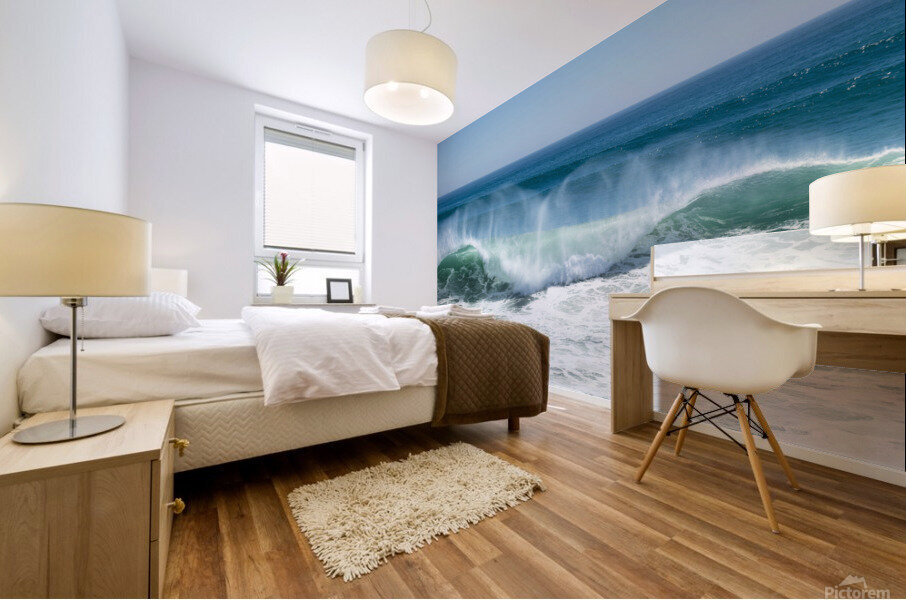 Wave crest breaking along beach Mural print