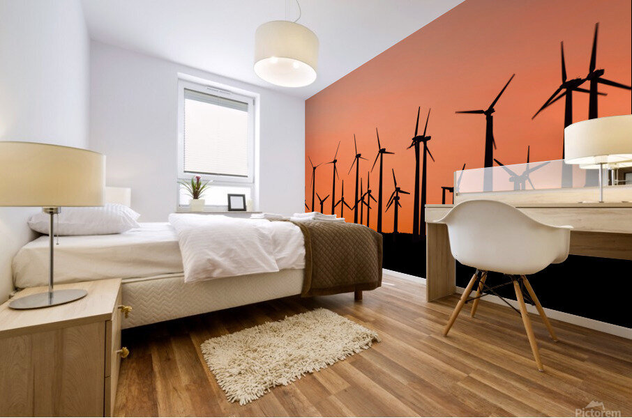 Windmill silhouette at sunset Mural print