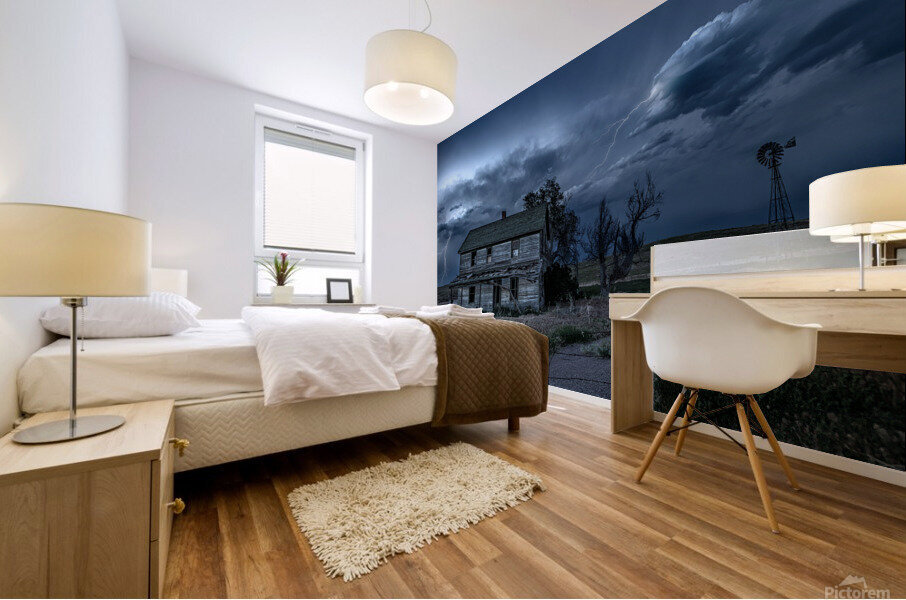 Haunted house with lightning Mural print
