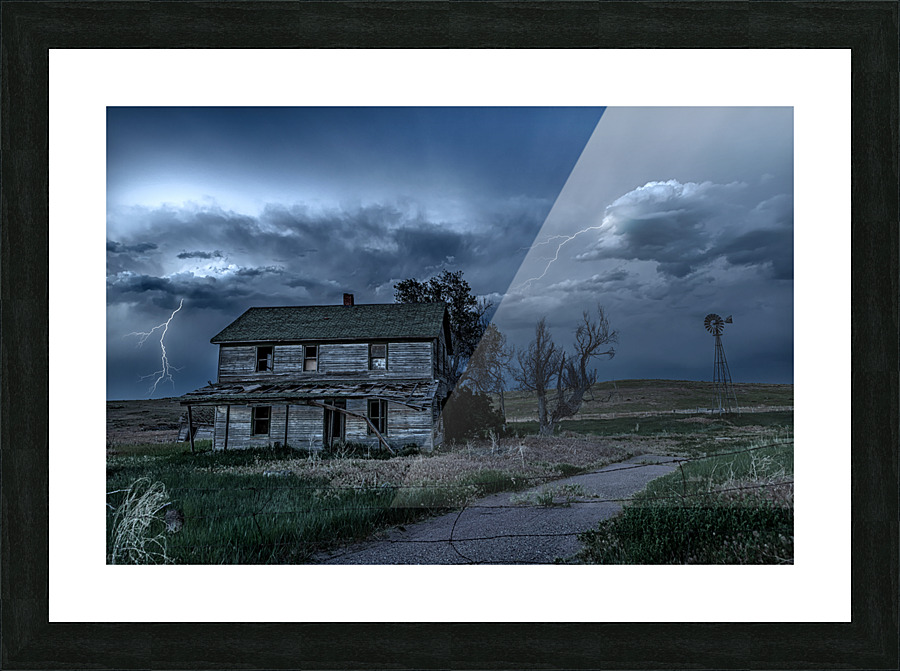 Haunted house with lightning Picture Frame print