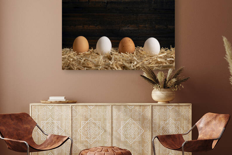 Row of eggs on hay bale by Joe Belanger