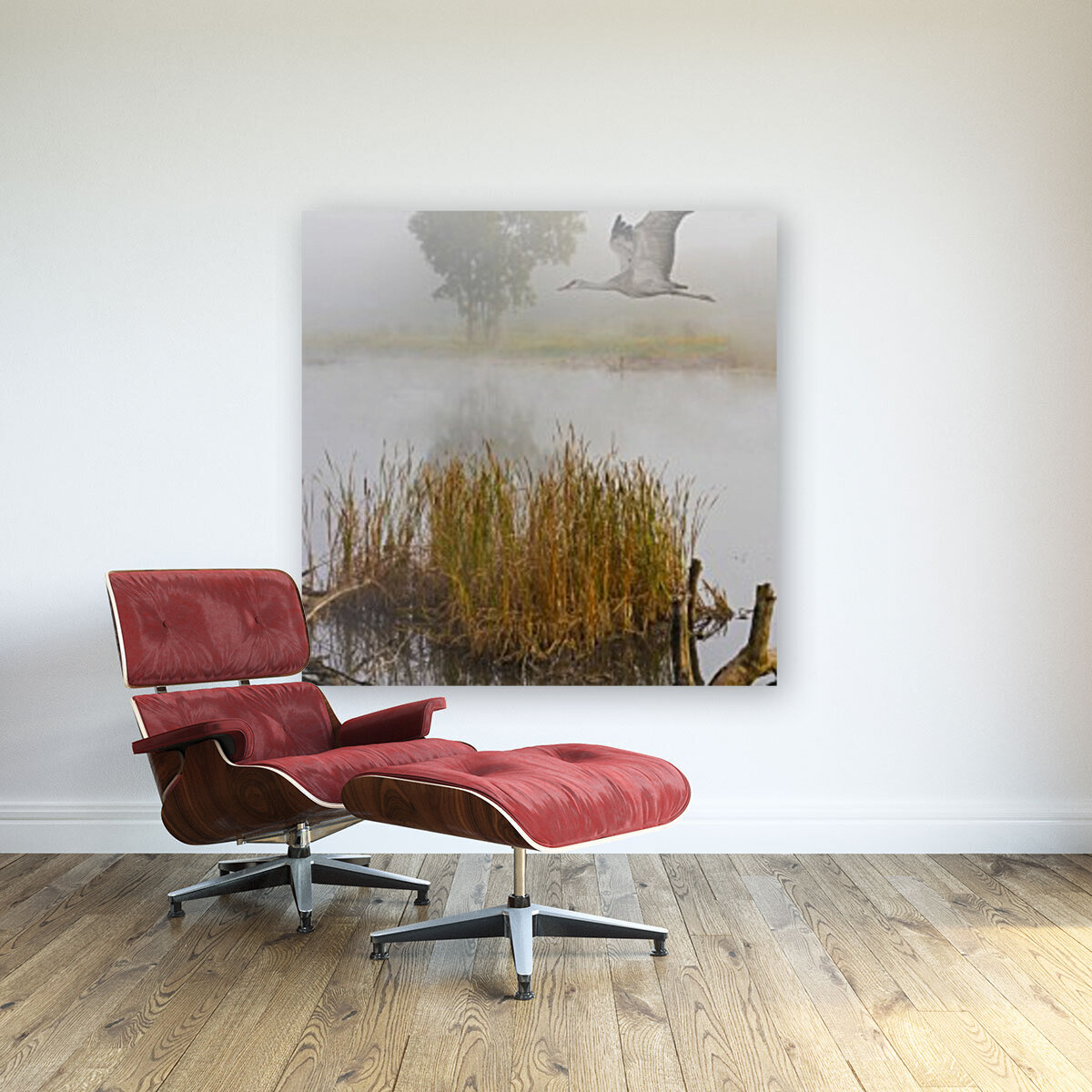 Crane on the Wing in Fog Reproduction