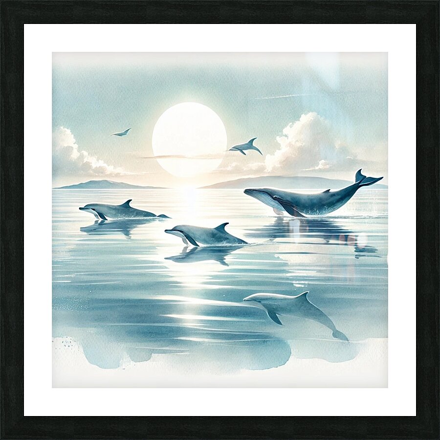 Majestic Whales and Dolphins in a Serene Ocean Picture Frame print