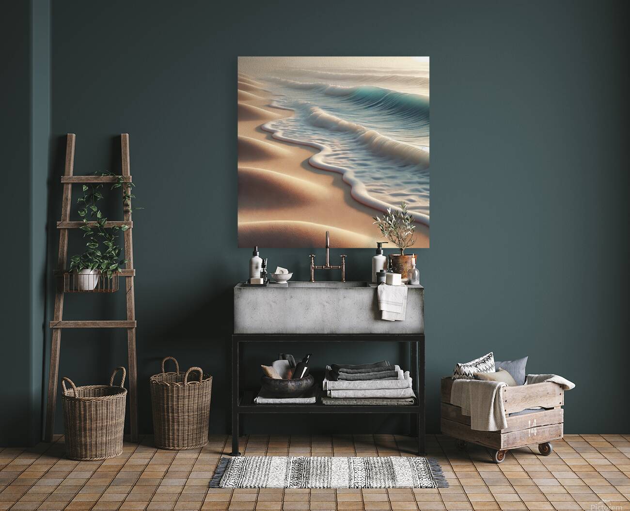 A serene beach scene featuring gentle ocean waves Reproduction
